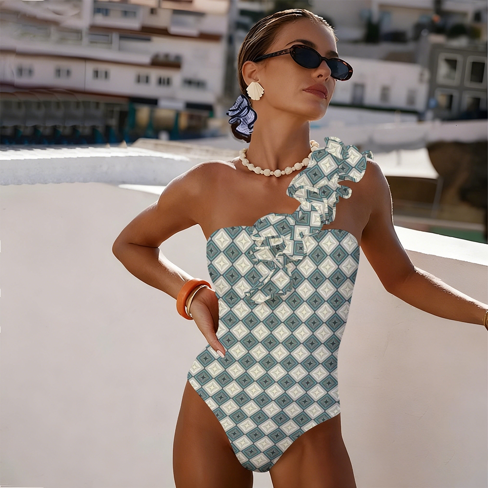 Retro Geometric Diamond Starburst Swimsuit with Ruffle Maxi Skirt Set