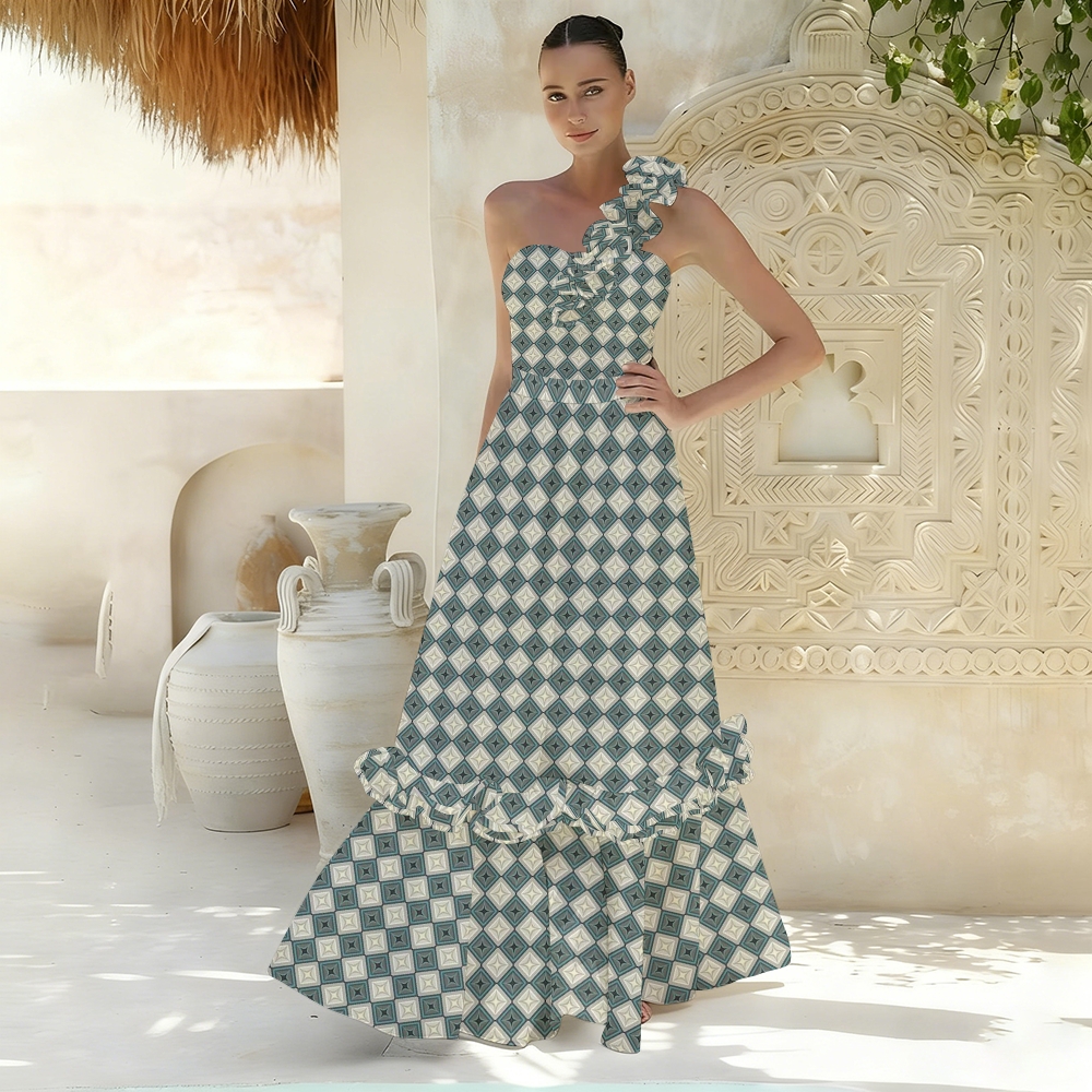 Retro Geometric Diamond Starburst Swimsuit with Ruffle Maxi Skirt Set