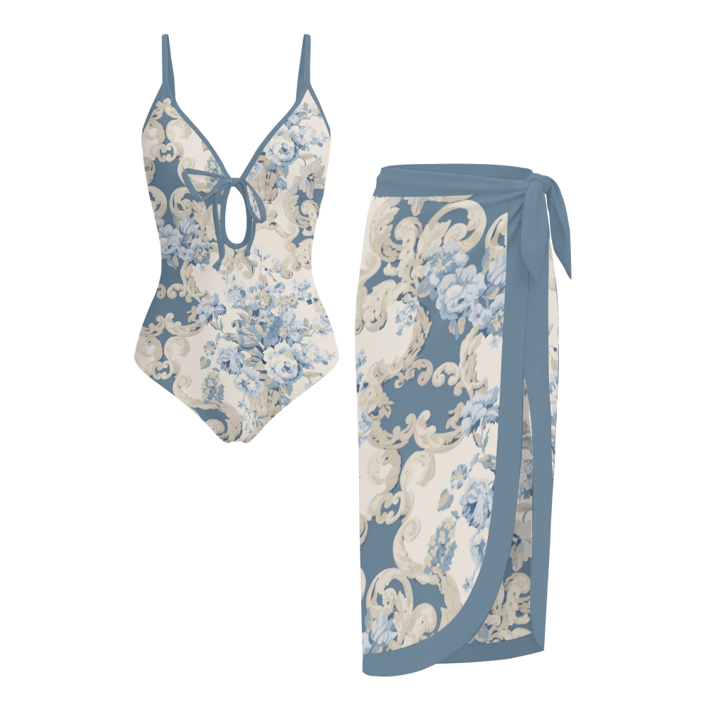 Women's Blue Floral Damask One-Piece Swimsuit Set