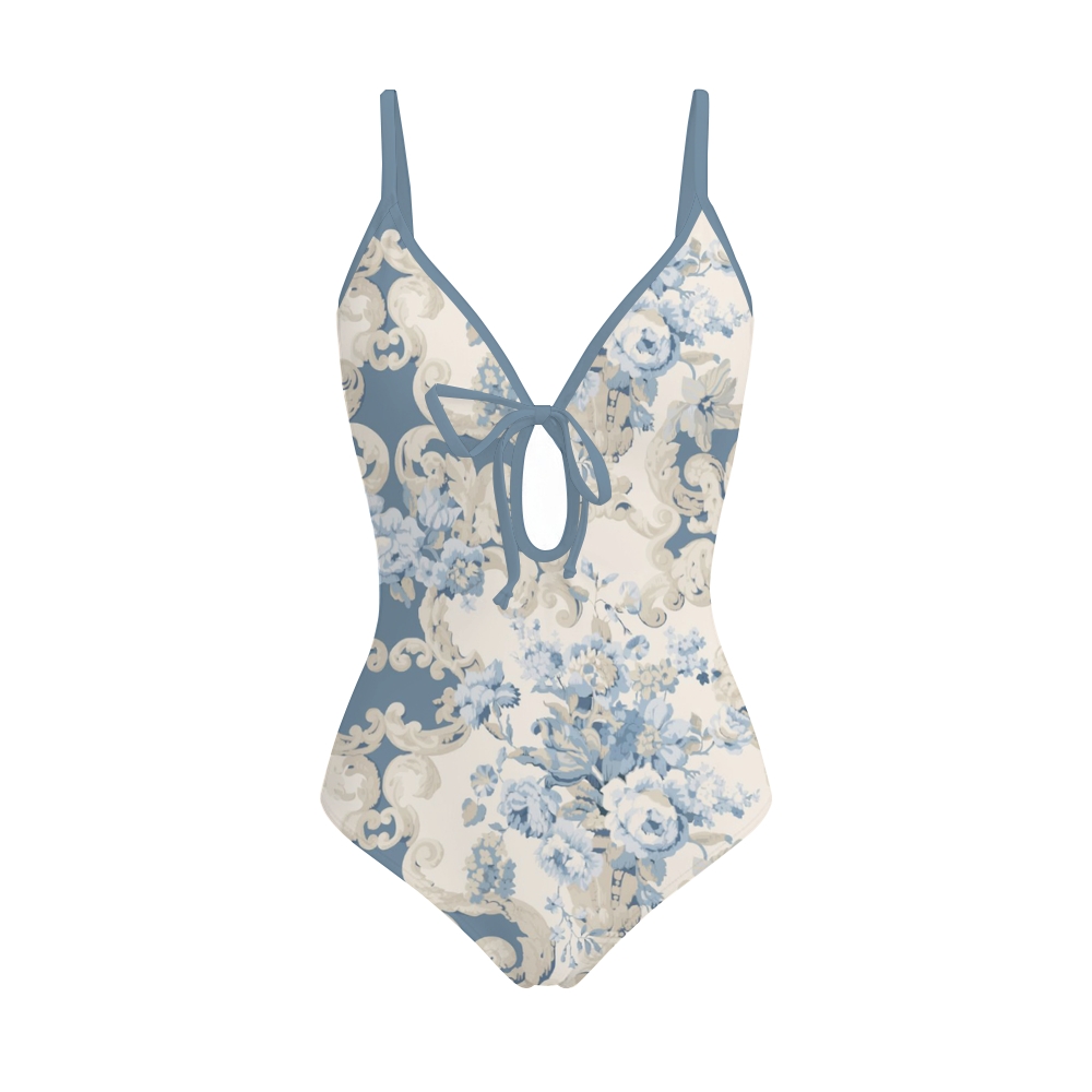 Women's Blue Floral Damask One-Piece Swimsuit Set