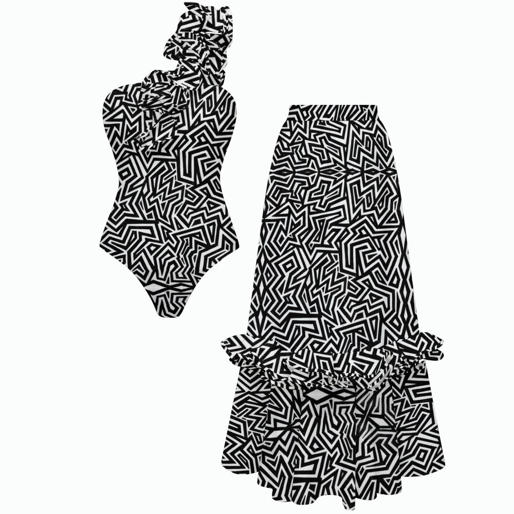 Minimalist Geometric Maze Ruffle Swimsuit with Ruffle Maxi Skirt