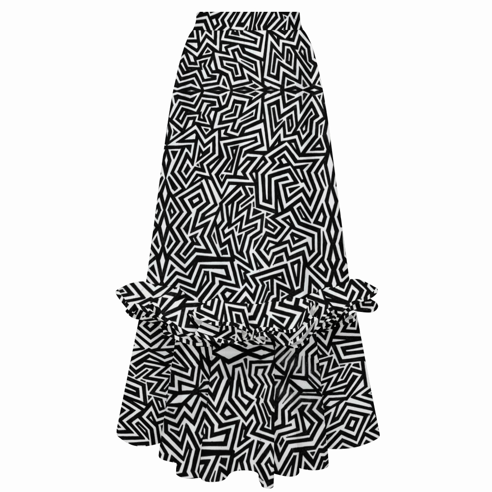 Minimalist Geometric Maze Ruffle Swimsuit with Ruffle Maxi Skirt