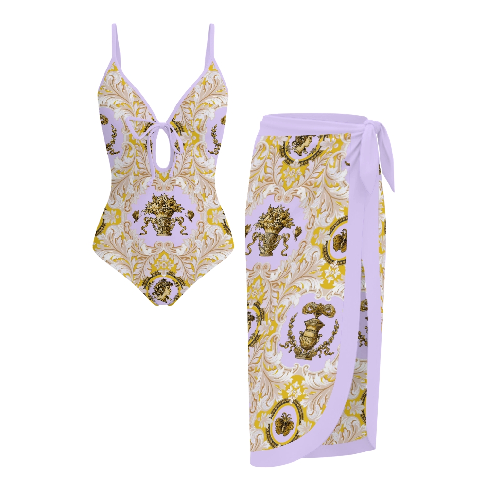 Women's Baroque Ornate One-Piece Swimsuit Set