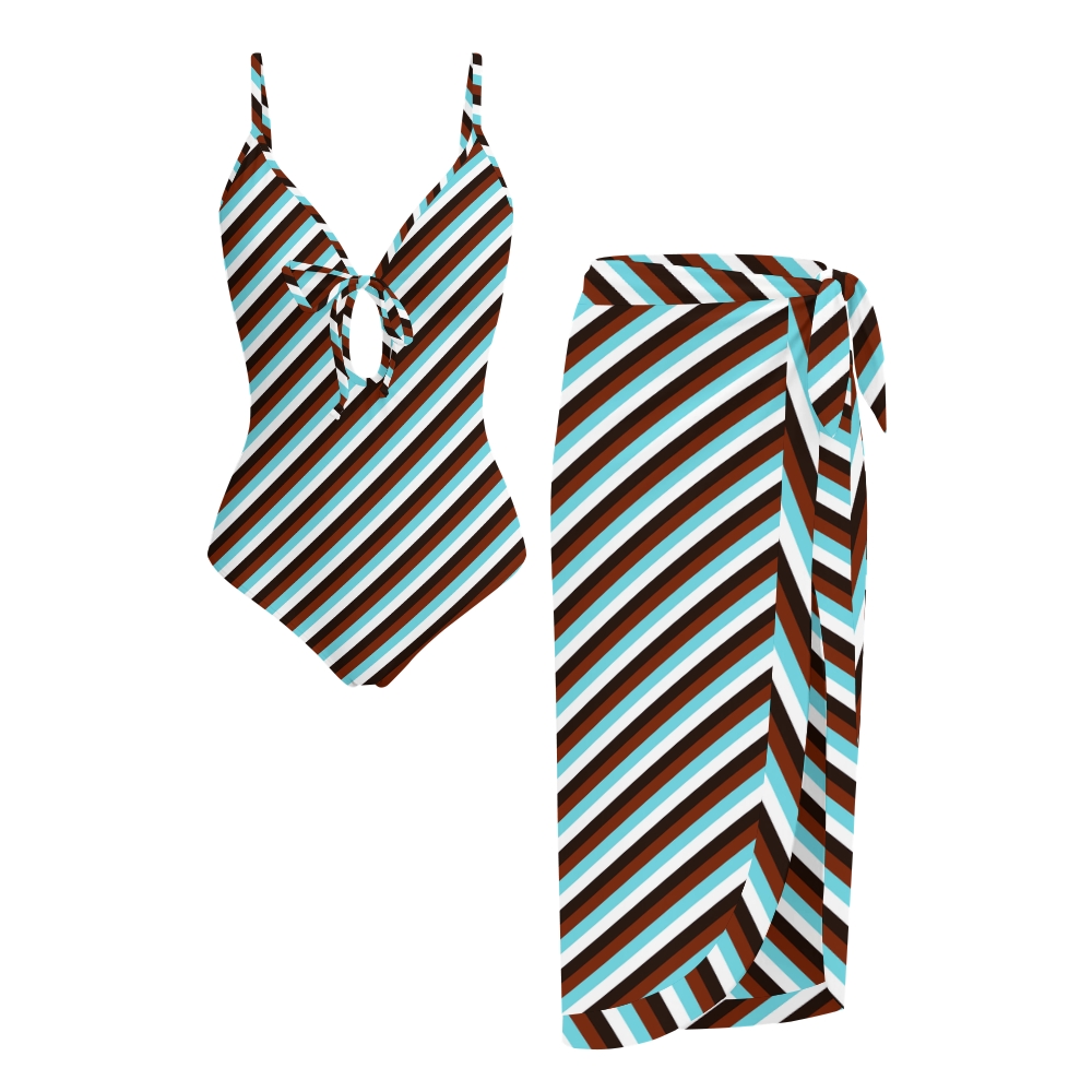 Women's Diagonal Stripe Print One-Piece Swimsuit Set