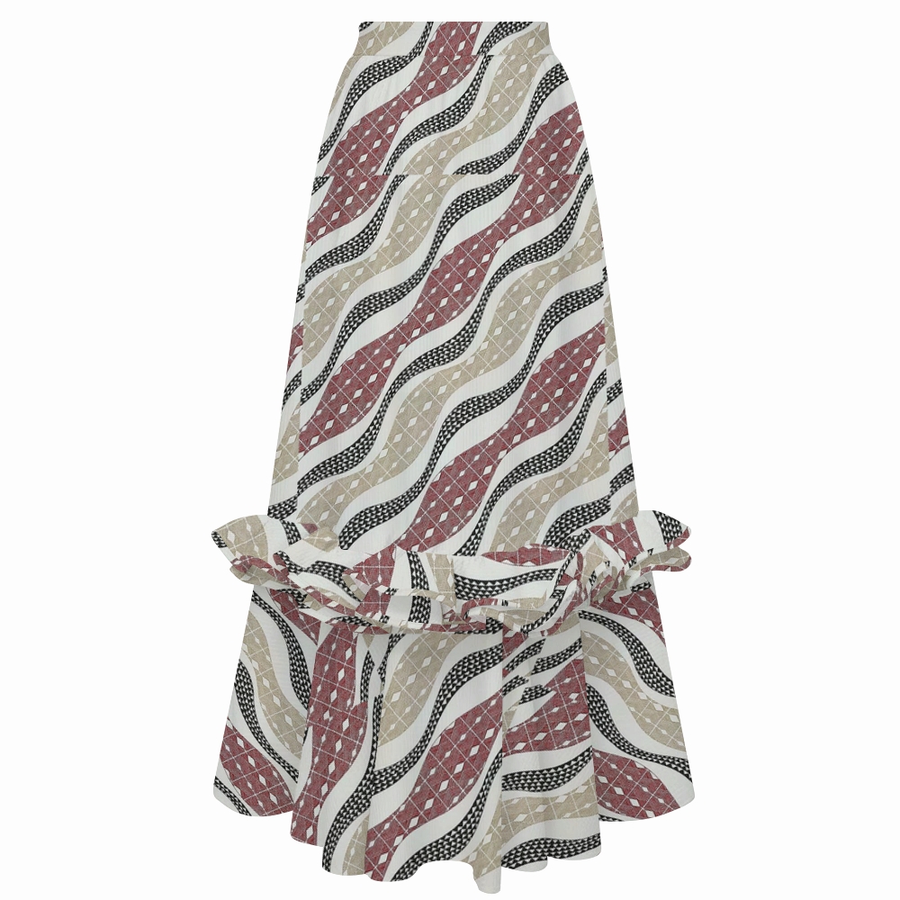 Boho Wave Geometric Jacquard Swimsuit with Ruffle Maxi Skirt