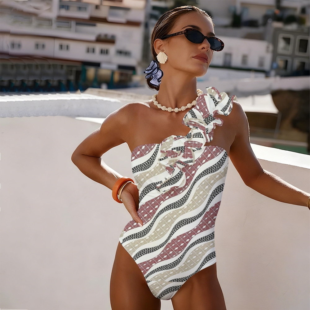 Boho Wave Geometric Jacquard Swimsuit with Ruffle Maxi Skirt