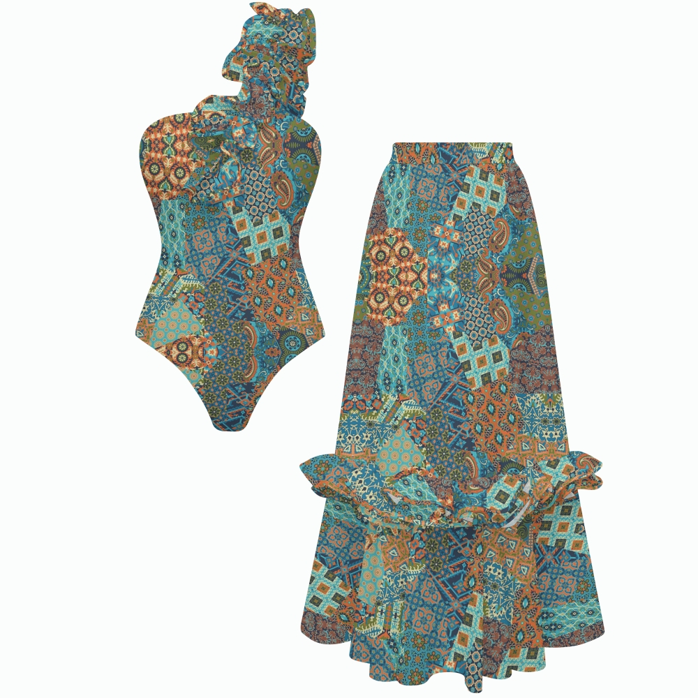 Retro Paisley Patchwork Ruffle Swimsuit with Ruffle Maxi Skirt
