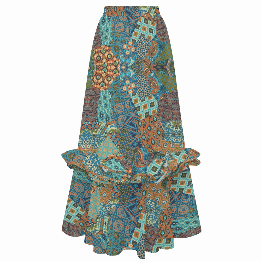 Retro Paisley Patchwork Ruffle Swimsuit with Ruffle Maxi Skirt