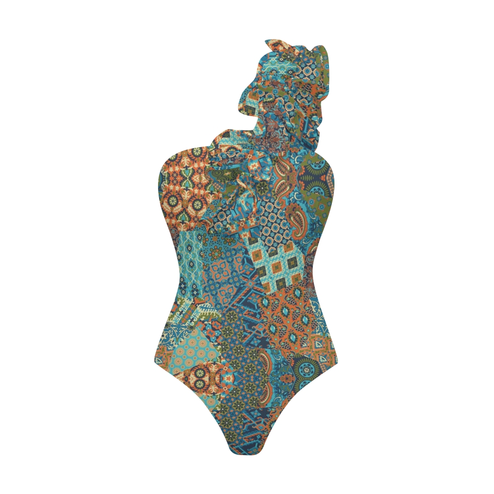 Retro Paisley Patchwork Ruffle Swimsuit with Ruffle Maxi Skirt