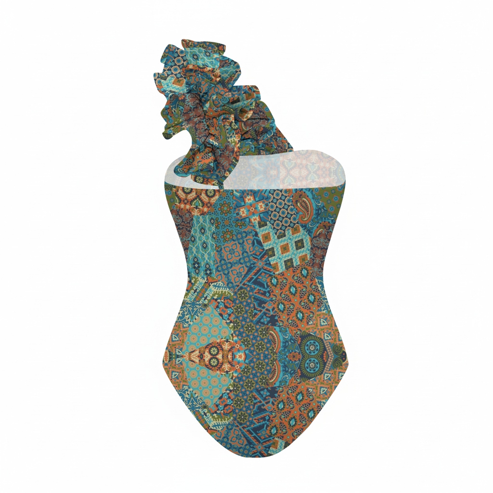 Retro Paisley Patchwork Ruffle Swimsuit with Ruffle Maxi Skirt