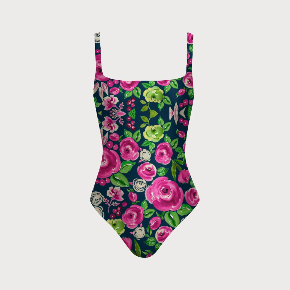 Vibrant Roses in Pink & Green One-piece With Back Mesh Knot