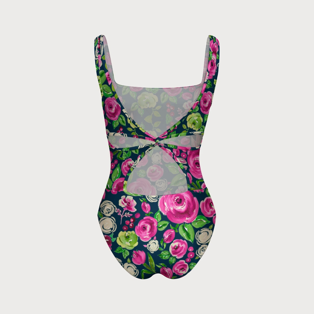 Vibrant Roses in Pink & Green One-piece With Back Mesh Knot