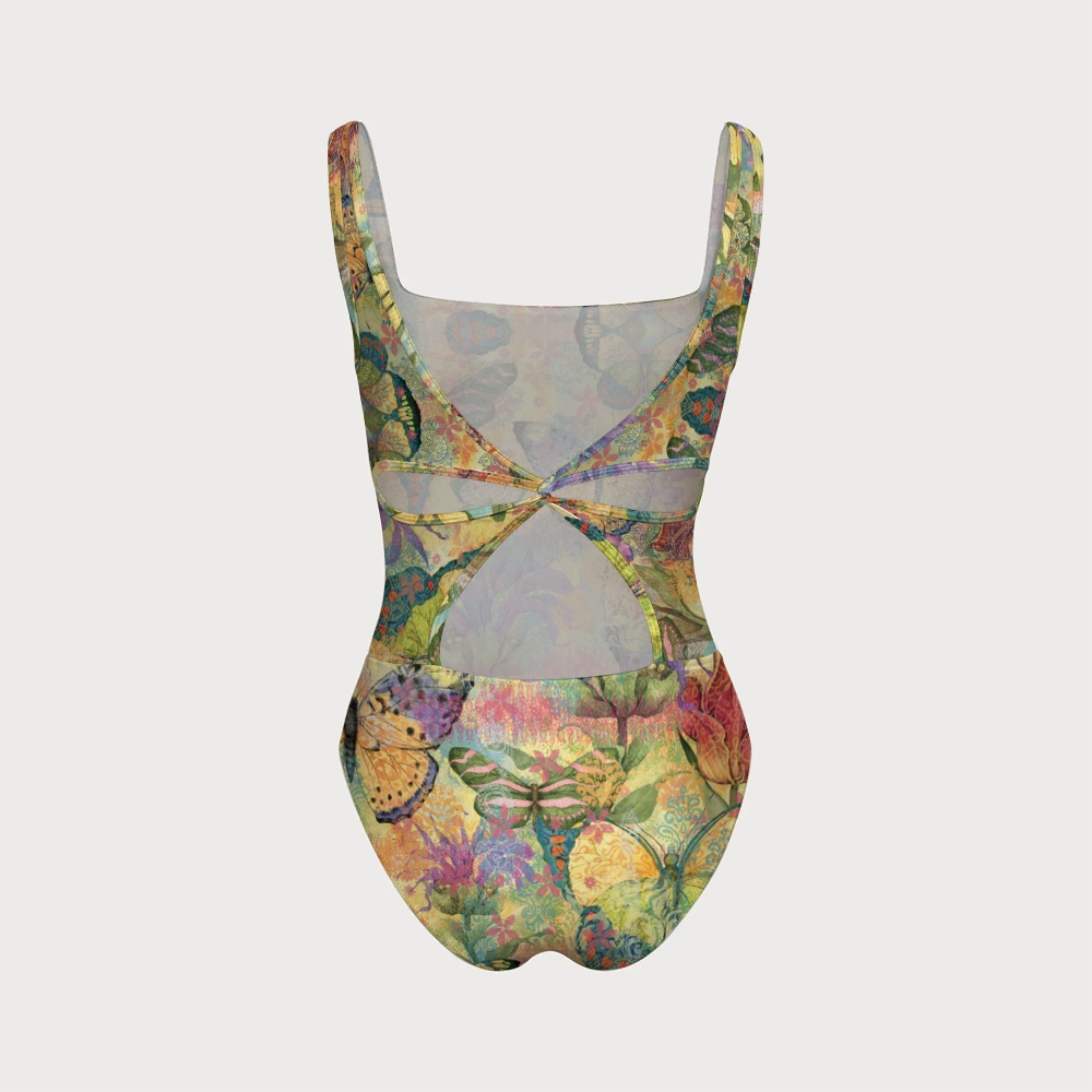 Vintage Butterfly One-piece With Back Mesh Knot