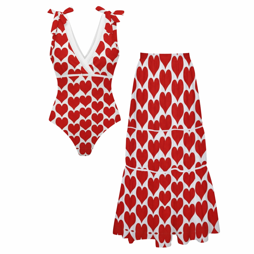 Red Heart Bowknot One Piece Swimsuit and Skirt