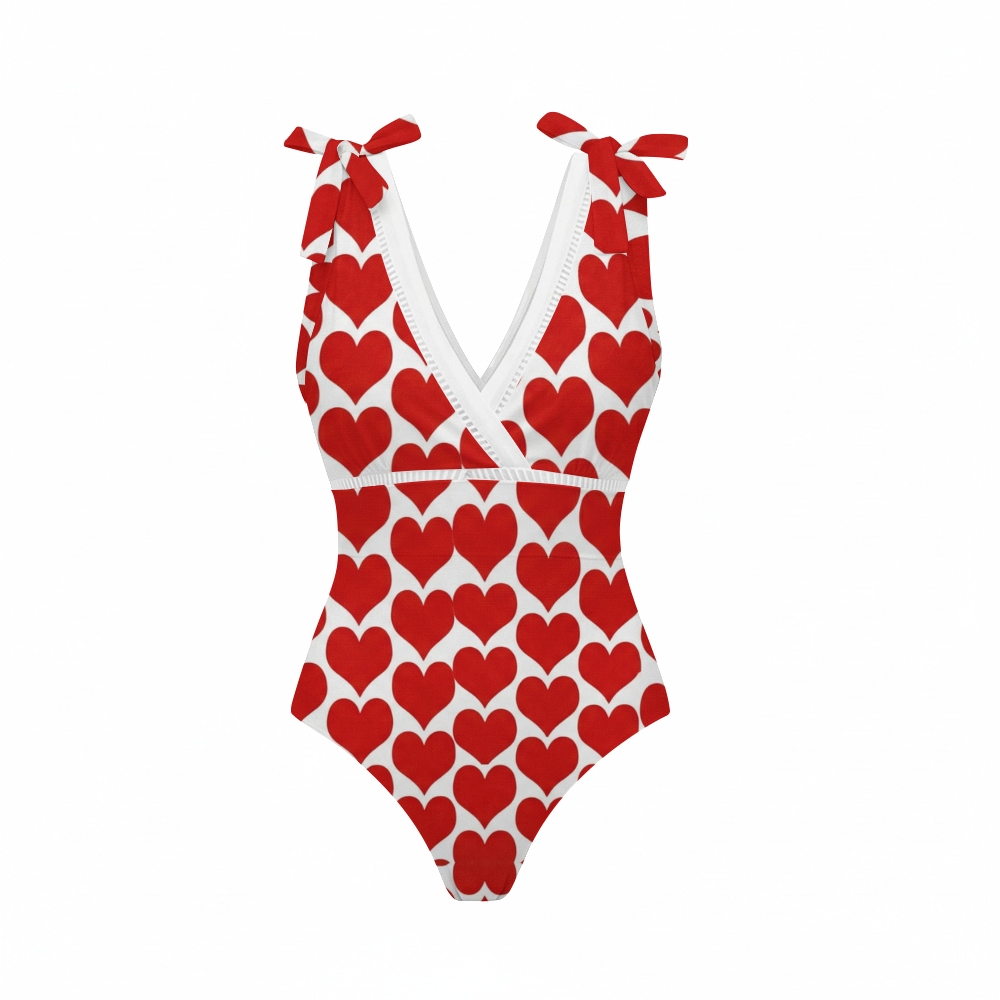 Red Heart Bowknot One Piece Swimsuit and Skirt