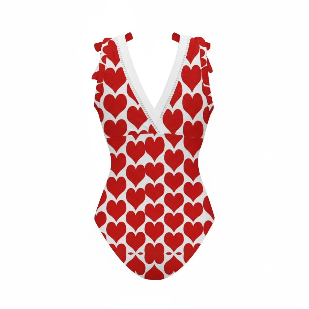 Red Heart Bowknot One Piece Swimsuit and Skirt
