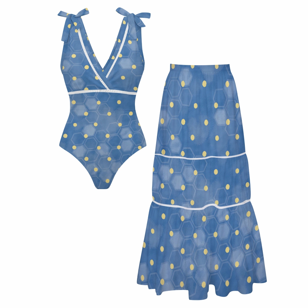 Honeycomb Polka Dots Bowknot One Piece Swimsuit and Skirt