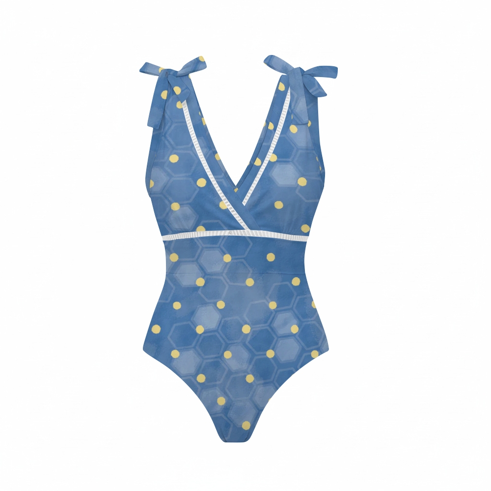 Honeycomb Polka Dots Bowknot One Piece Swimsuit and Skirt