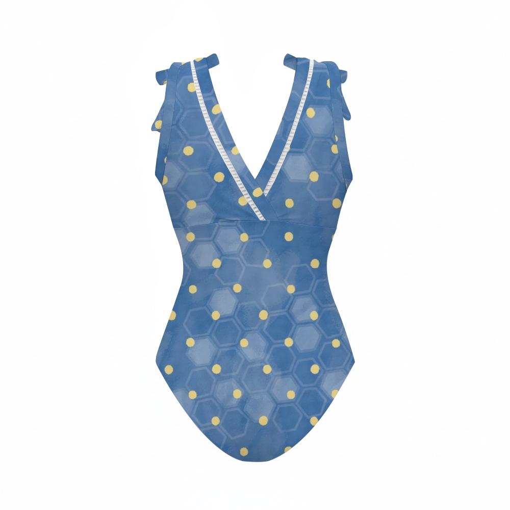Honeycomb Polka Dots Bowknot One Piece Swimsuit and Skirt