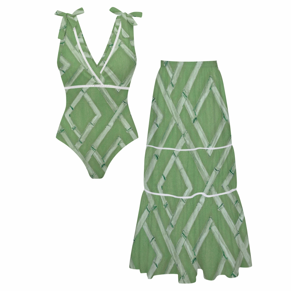 Bamboo Lattice Bowknot One Piece Swimsuit and Skirt