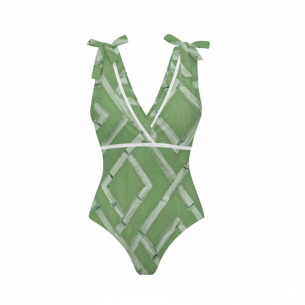 Bamboo Lattice Bowknot One Piece Swimsuit and Skirt