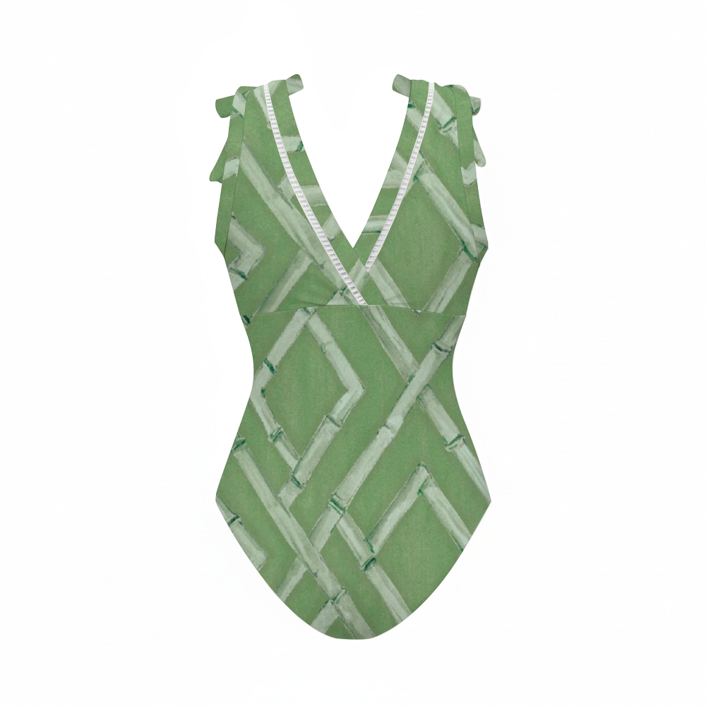Bamboo Lattice Bowknot One Piece Swimsuit and Skirt