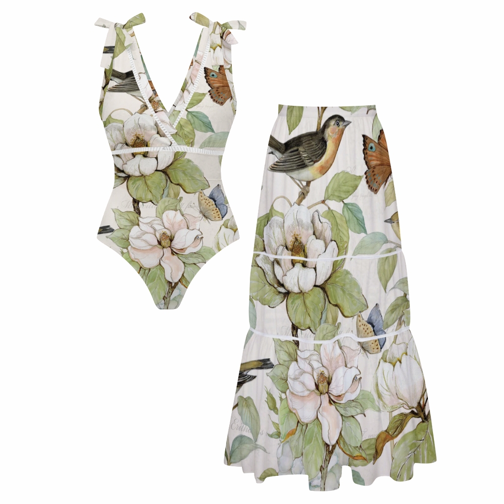 Garden Melody Bowknot One Piece Swimsuit and Skirt