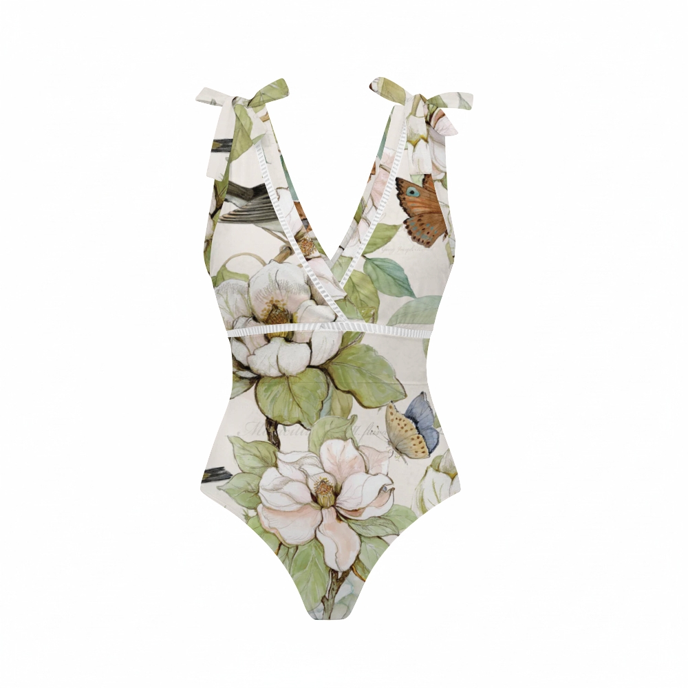 Garden Melody Bowknot One Piece Swimsuit and Skirt