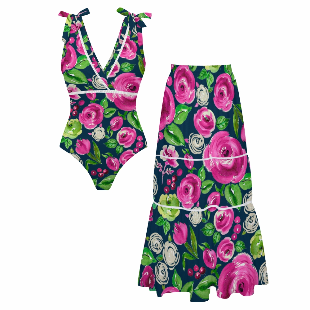 Vibrant Roses in Pink & Green Bowknot One Piece Swimsuit and Skirt