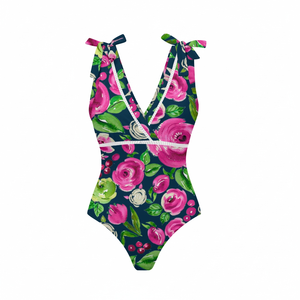 Vibrant Roses in Pink & Green Bowknot One Piece Swimsuit and Skirt