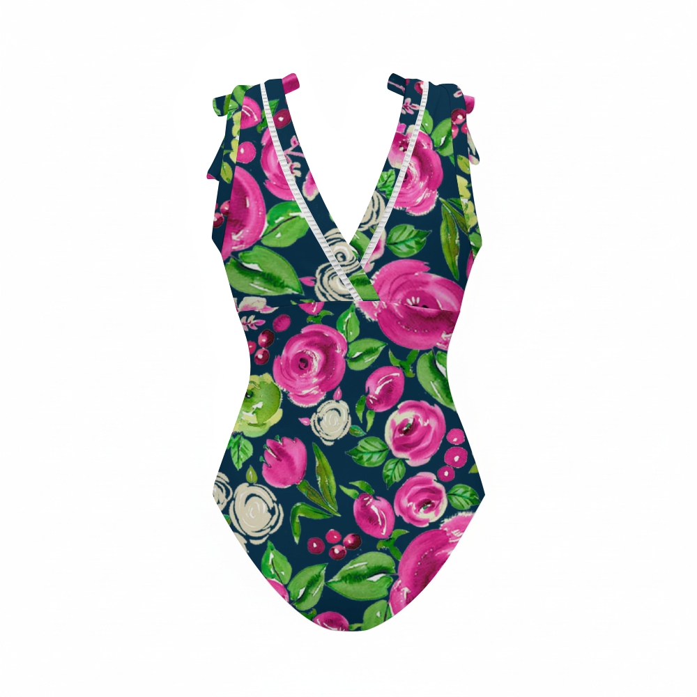 Vibrant Roses in Pink & Green Bowknot One Piece Swimsuit and Skirt