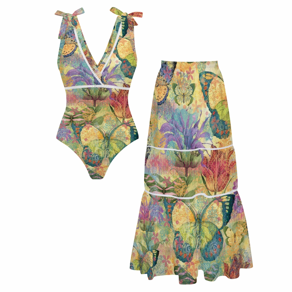 Vintage Butterfly Bowknot One Piece Swimsuit and Skirt
