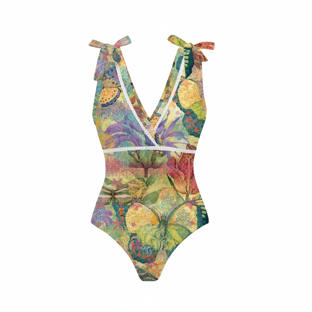 Vintage Butterfly Bowknot One Piece Swimsuit and Skirt
