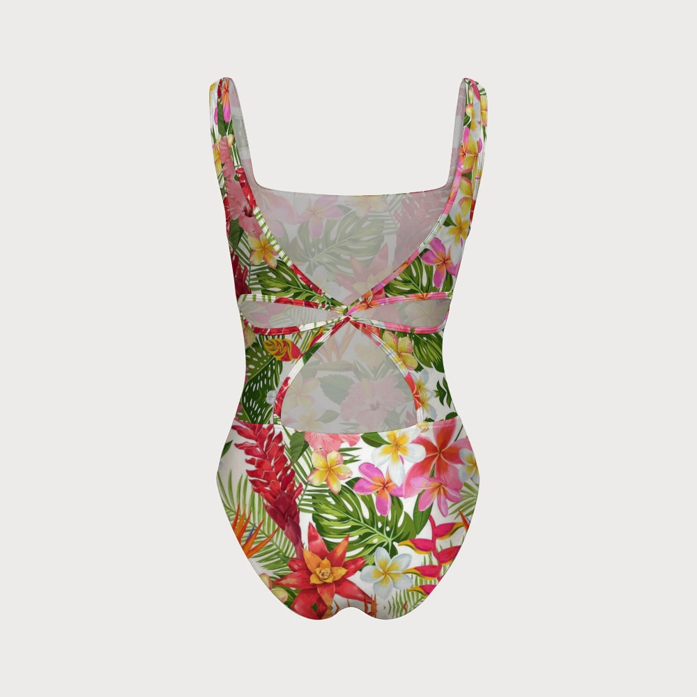 Tropical Resort Bird of Paradise Plumeria Back Crisscross One-Piece