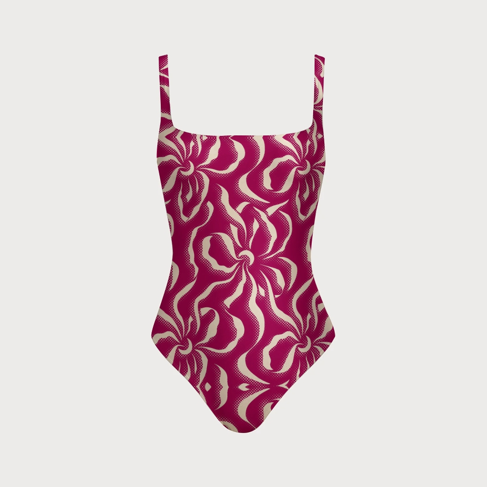Retro Pop Magenta Abstract Floral Print Back Crisscross One-Piece