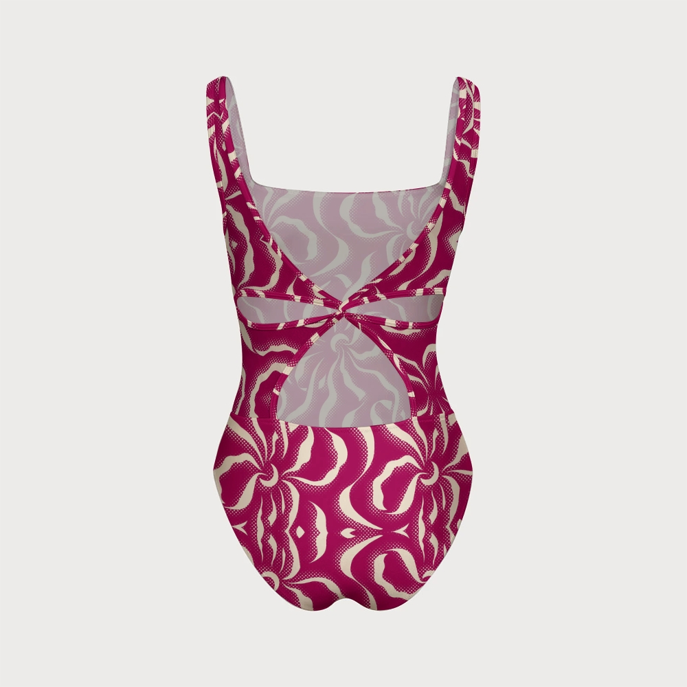 Retro Pop Magenta Abstract Floral Print Back Crisscross One-Piece