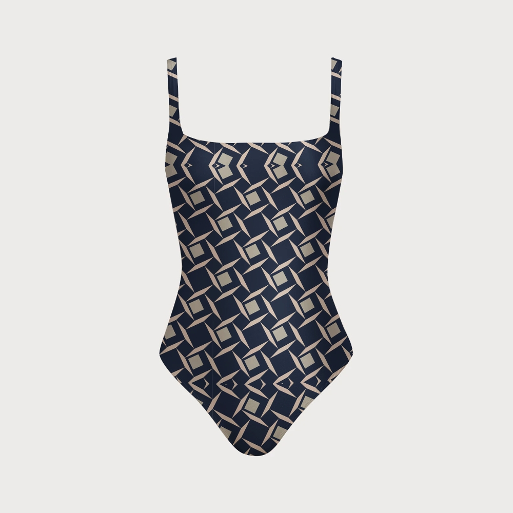 Retro Geometric Navy Diamond Check Back Crisscross Swimsuit