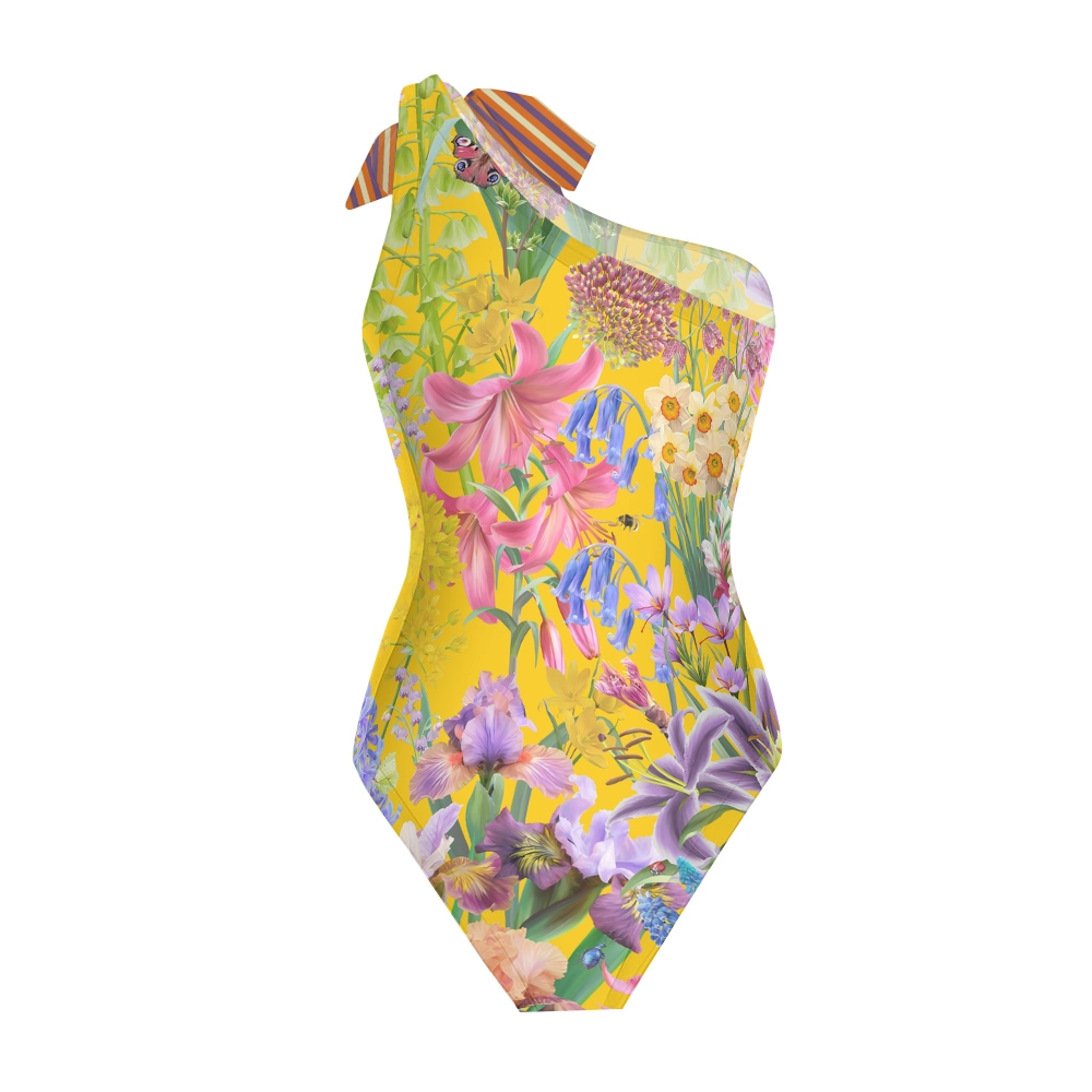 Vibrant Yellow Floral One-Shoulder Swimsuit with Ruffle Hem Skirt