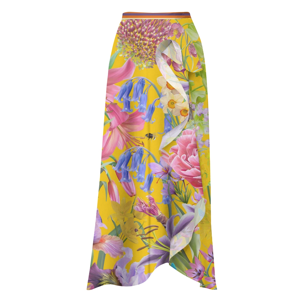 Vibrant Yellow Floral One-Shoulder Swimsuit with Ruffle Hem Skirt