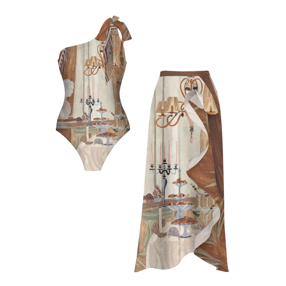 Vintage Dining Scene One-Shoulder Swimsuit with Ruffle Hem Skirt
