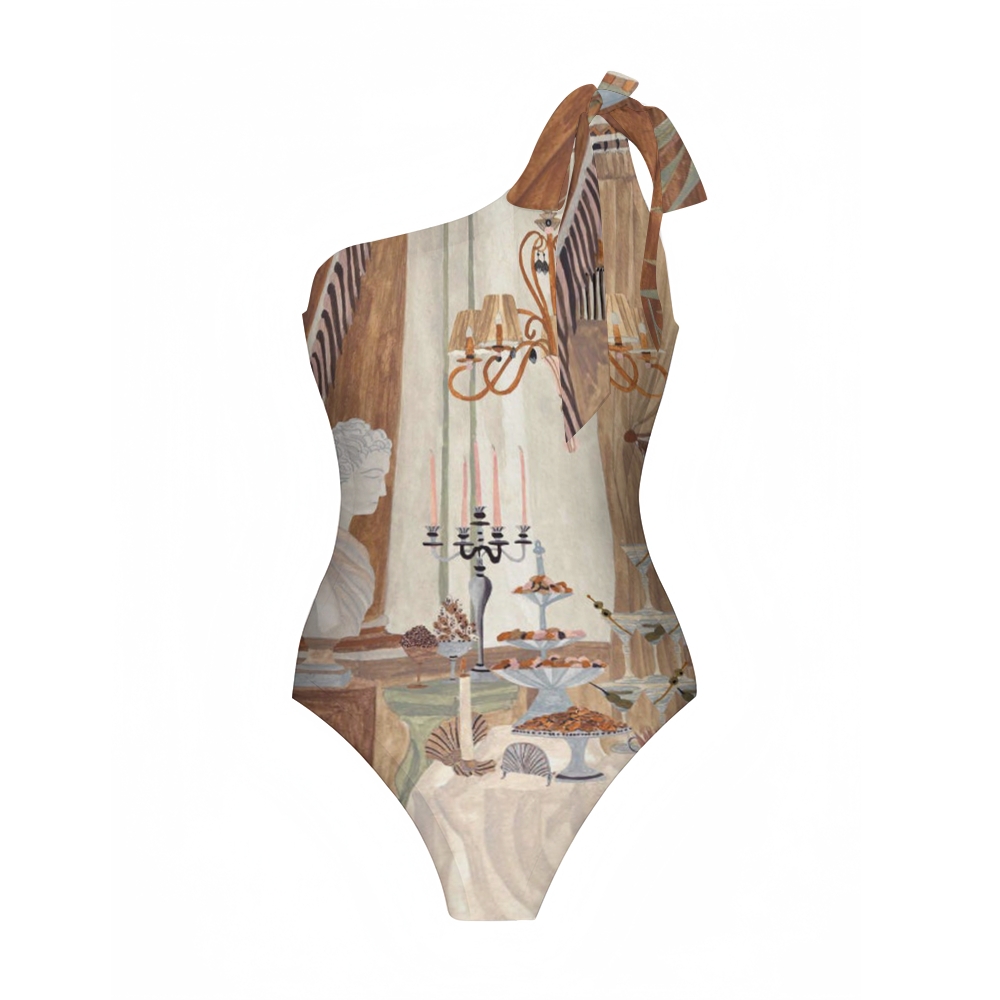 Vintage Dining Scene One-Shoulder Swimsuit with Ruffle Hem Skirt