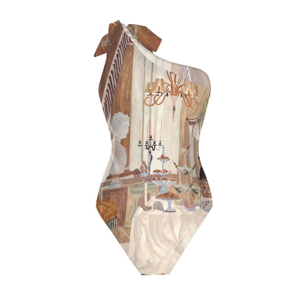 Vintage Dining Scene One-Shoulder Swimsuit with Ruffle Hem Skirt