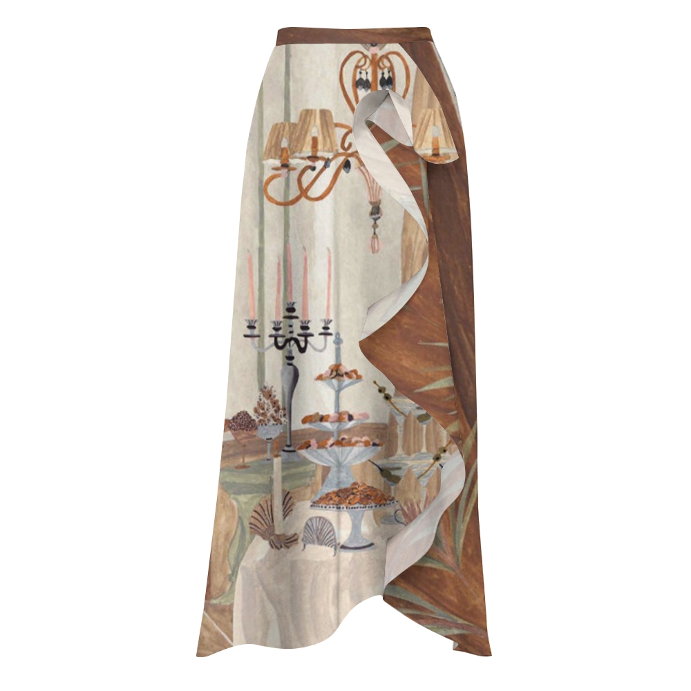 Vintage Dining Scene One-Shoulder Swimsuit with Ruffle Hem Skirt