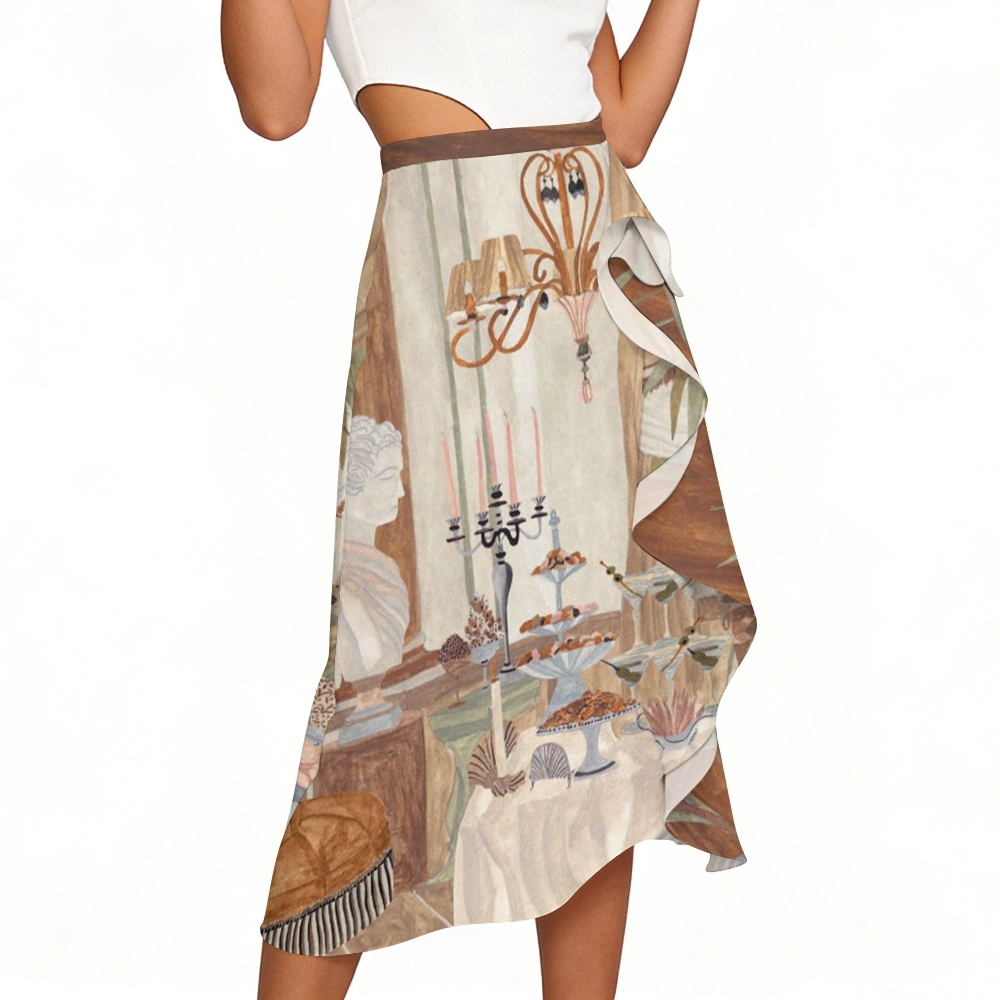 Vintage Dining Scene One-Shoulder Swimsuit with Ruffle Hem Skirt