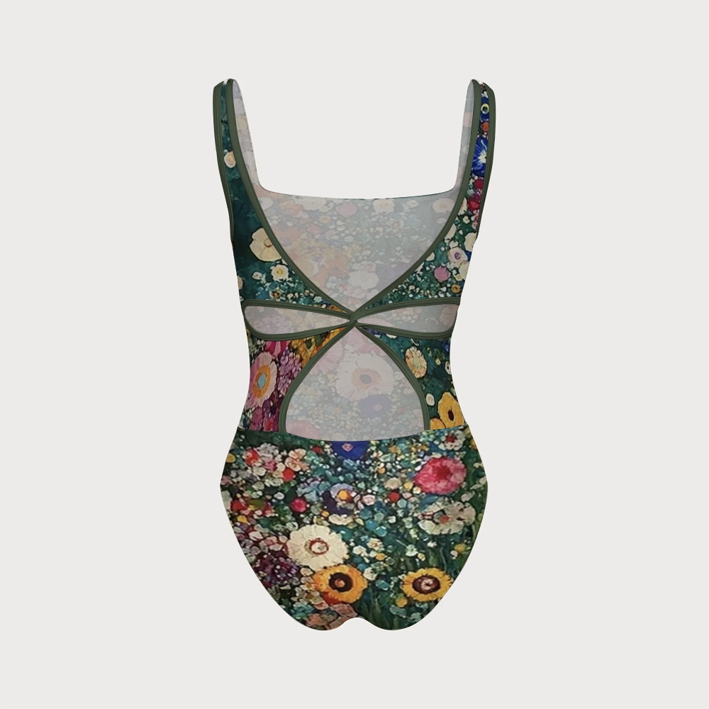 Klimt Style Oil Painting Floral Square Neck One-Piece