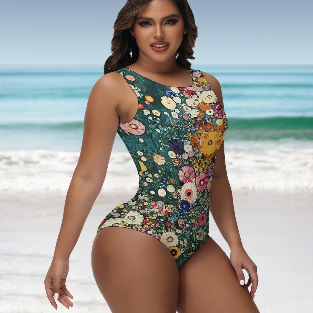 Klimt Style Oil Painting Floral Back Zipper Plus Size One-Piece