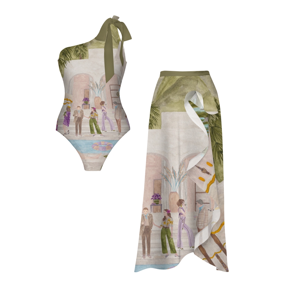 Tropical Villa Gathering Print One-Shoulder Swimsuit with Ruffle Hem Skirt