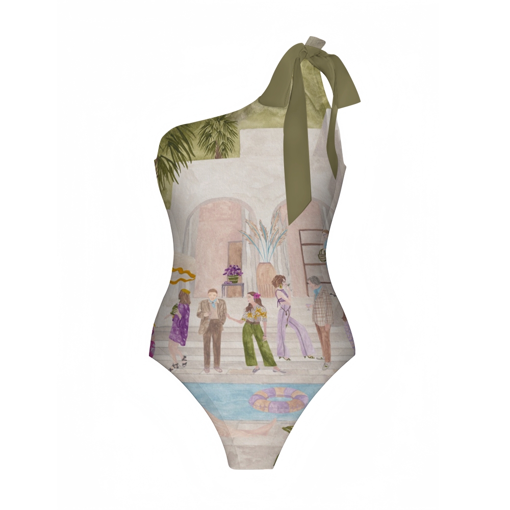 Tropical Villa Gathering Print One-Shoulder Swimsuit with Ruffle Hem Skirt