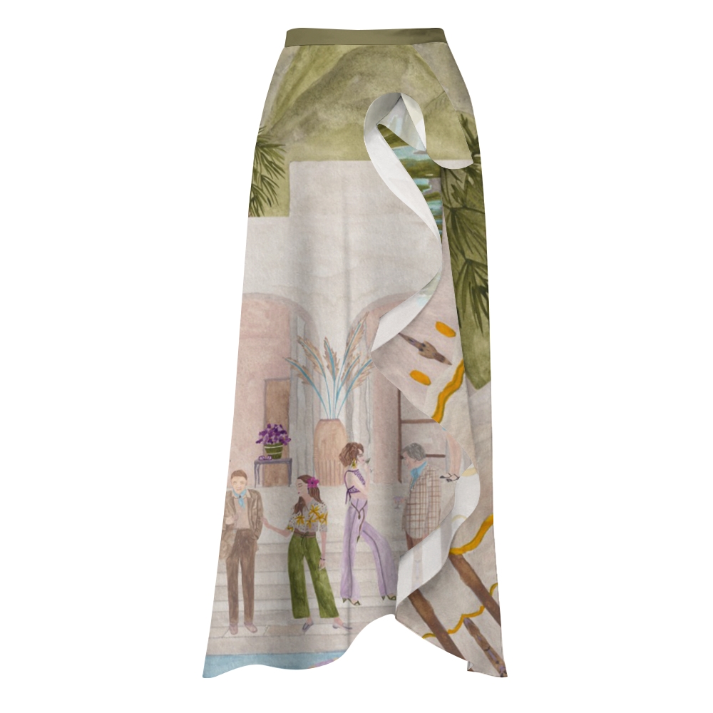 Tropical Villa Gathering Print One-Shoulder Swimsuit with Ruffle Hem Skirt