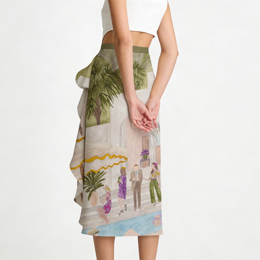 Tropical Villa Gathering Print One-Shoulder Swimsuit with Ruffle Hem Skirt